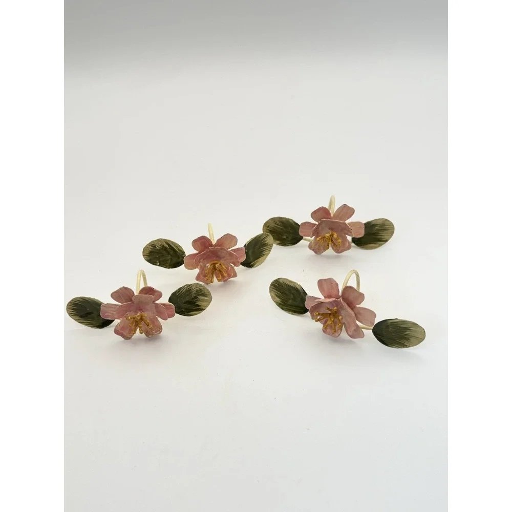 Vtg Handpainted Toleware Floral Napkin Rings Set Of 4 Cottage Core Shabby #5615‎